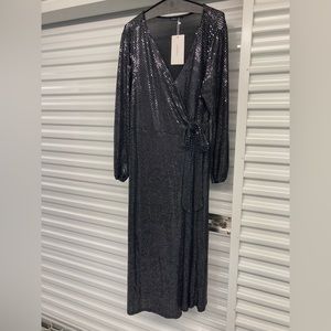BloomChic Solid Sequin Knotted Side Wrap Lantern Sleeve Dress NWT
